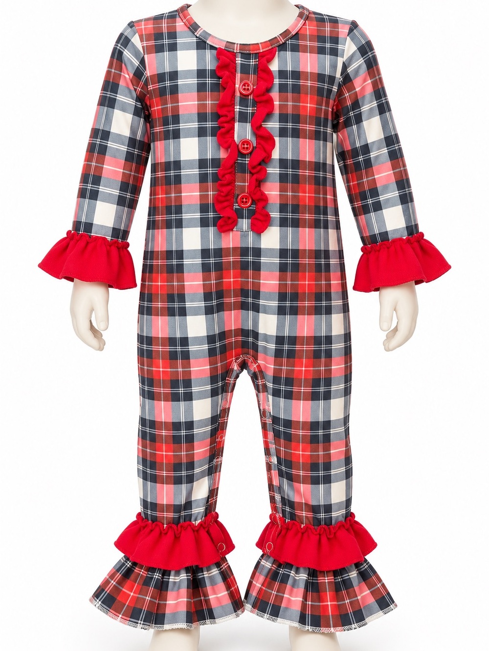 Marie Nicole Girls 18–24M Plaid Ruffle Romper Red Pink Long Sleeve Holiday